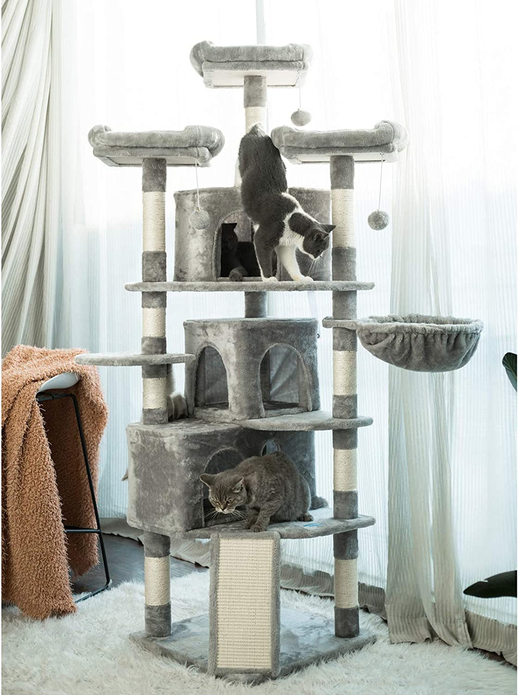 Extra Large Cat Tree, 73.4-Inch Activity Center with Three Caves, Three Cozy Perches, Scratching Posts, and Stability for Kittens and Large Cats, Light Gray MPJ032W