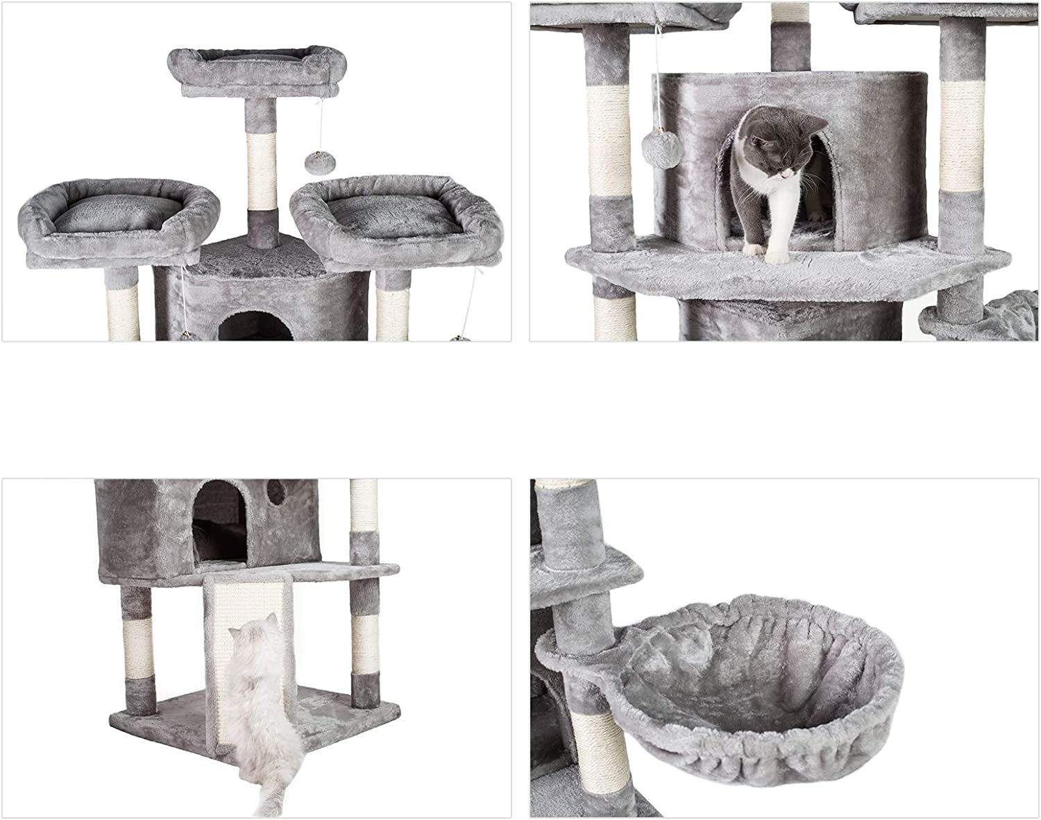 Extra Large Cat Tree, 73.4-Inch Activity Center with Three Caves, Three Cozy Perches, Scratching Posts, and Stability for Kittens and Large Cats, Light Gray MPJ032W