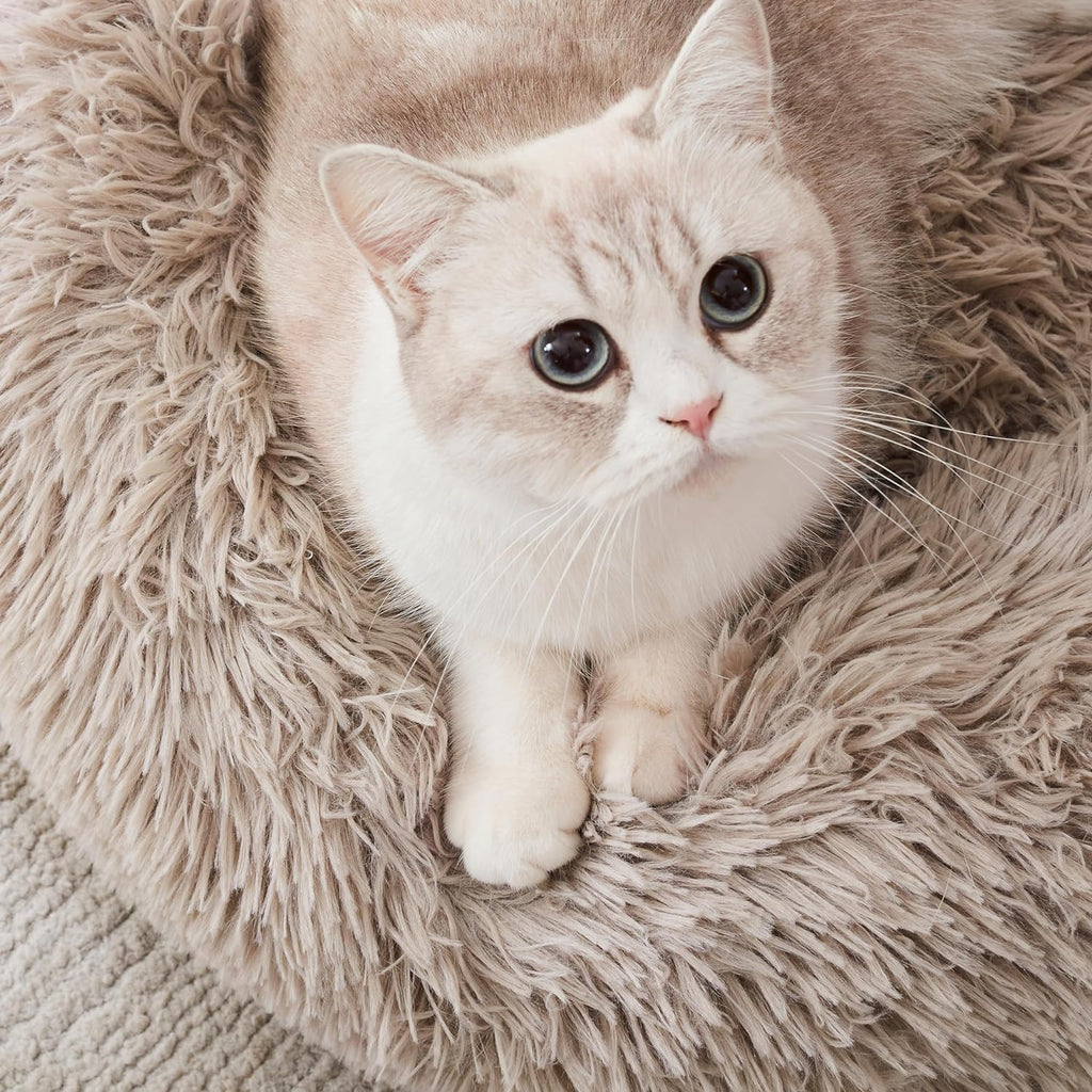 Calming Donut Cuddler Bed for Dogs and Cats, Anti-Anxiety Plush Faux Fur Cushion for Small to Medium Pets (20"/24"/27"/30")
