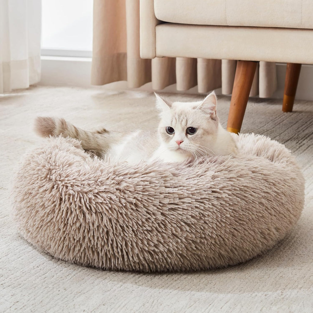 Calming Donut Cuddler Bed for Dogs and Cats, Anti-Anxiety Plush Faux Fur Cushion for Small to Medium Pets (20"/24"/27"/30")