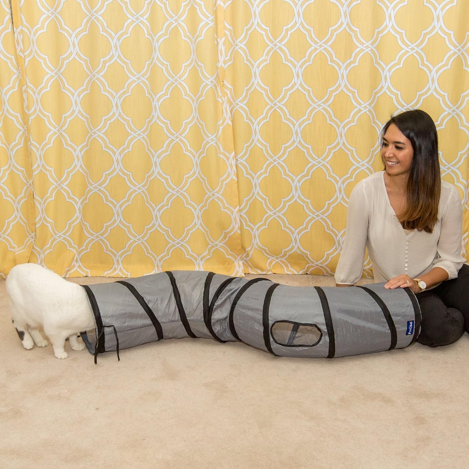 S Way Collapsible Cat Tunnel with Ball - Grey Pet Play Tube and Hideaway