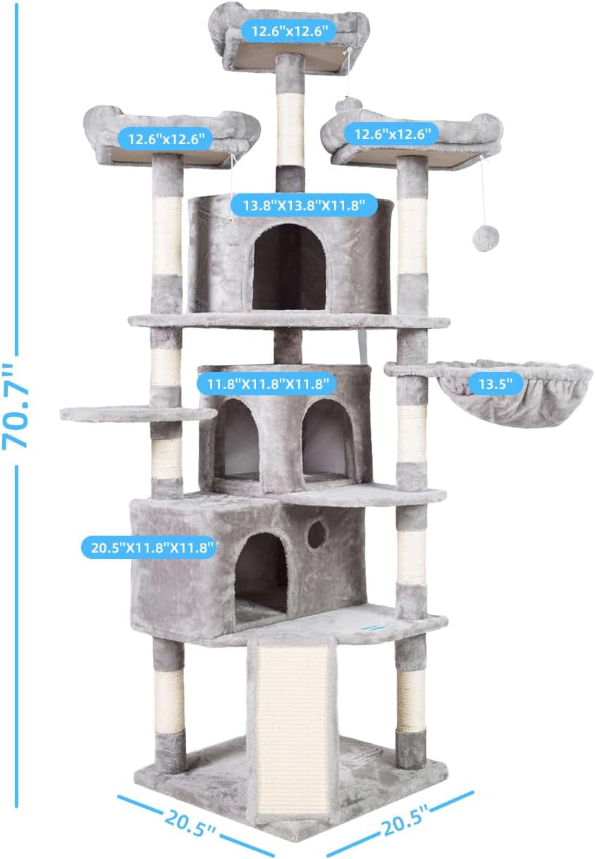Extra Large Cat Tree, 73.4-Inch Activity Center with Three Caves, Three Cozy Perches, Scratching Posts, and Stability for Kittens and Large Cats, Light Gray MPJ032W