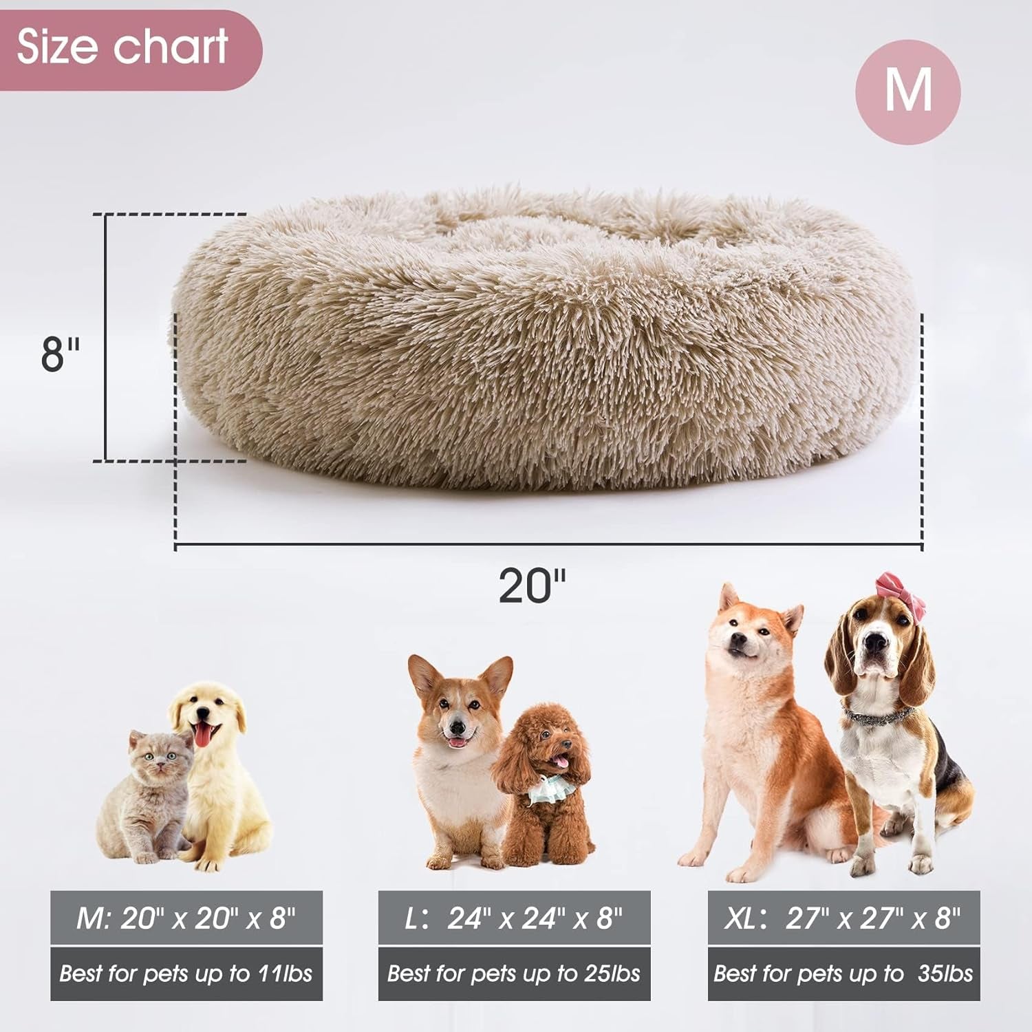 Calming Donut Cuddler Bed for Dogs and Cats, Anti-Anxiety Plush Faux Fur Cushion for Small to Medium Pets (20"/24"/27"/30")