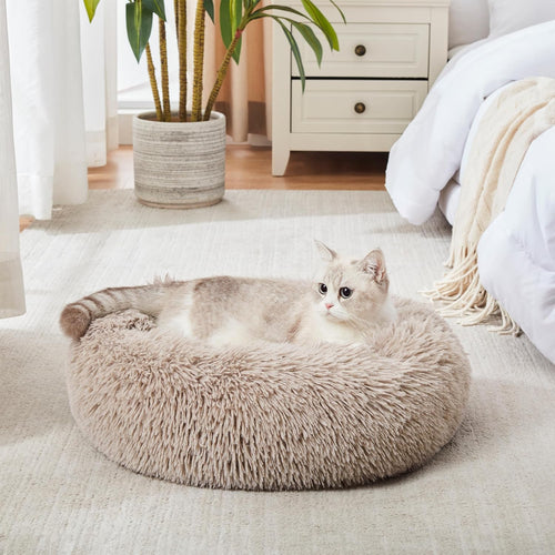 Calming Donut Cuddler Bed for Dogs and Cats, Anti-Anxiety Plush Faux Fur Cushion for Small to Medium Pets (20"/24"/27"/30")