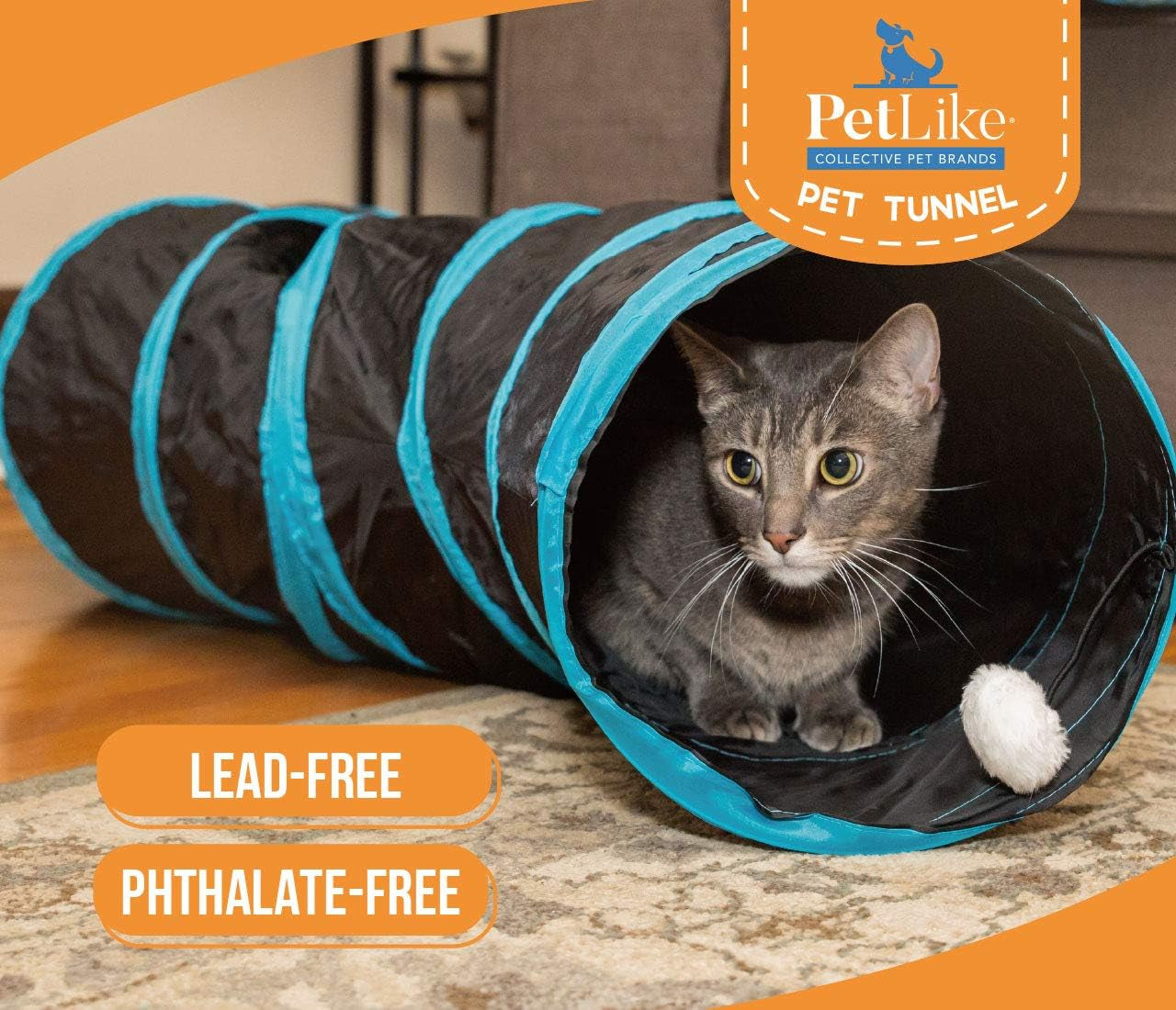 S Way Collapsible Cat Tunnel with Ball - Grey Pet Play Tube and Hideaway