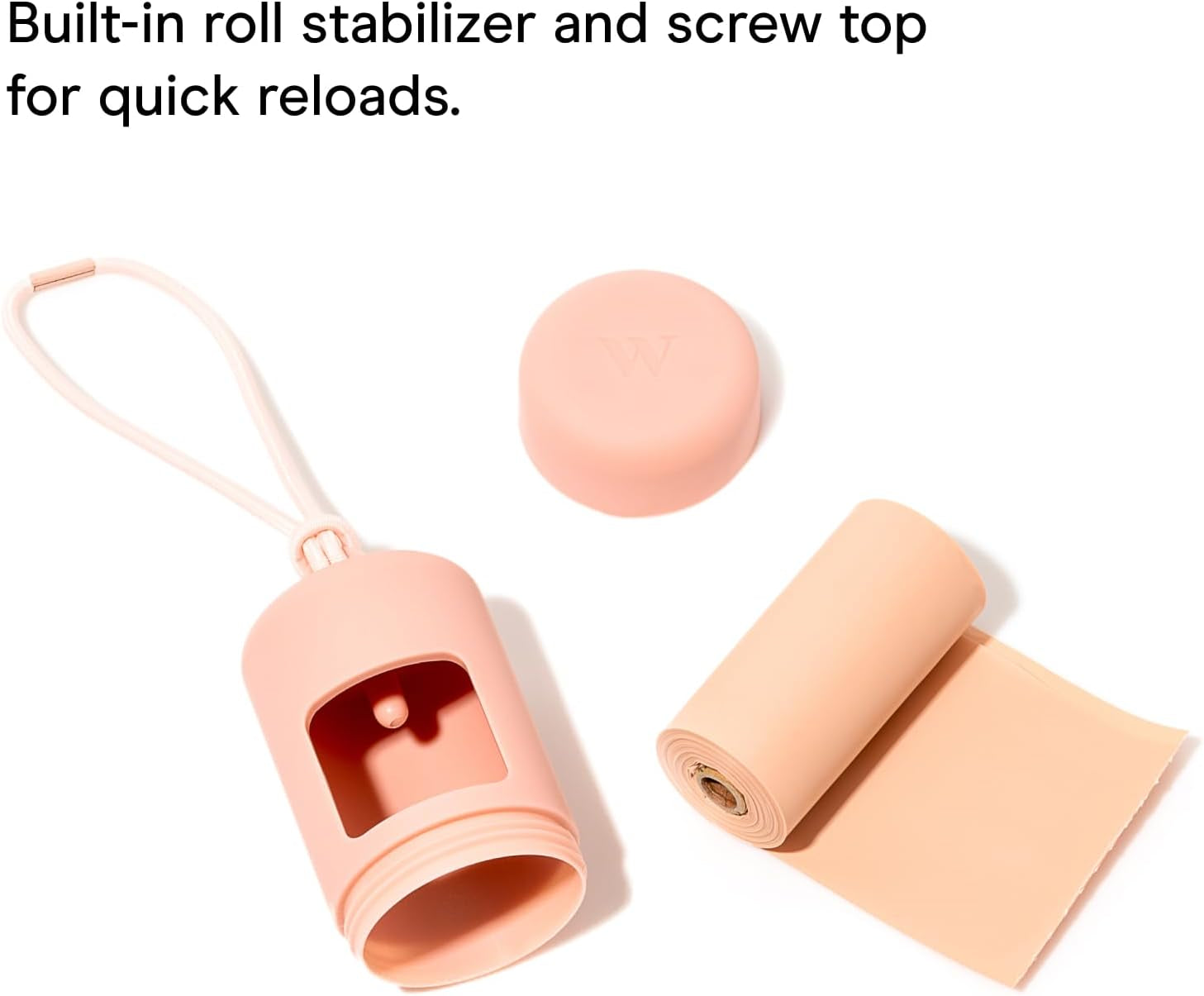 Dog Waste Bag Holder and Dispenser with Leash Attachment, Leak-Proof Design, Easy Twist Top for Refills, Includes 1 Roll of Bags, Blush
