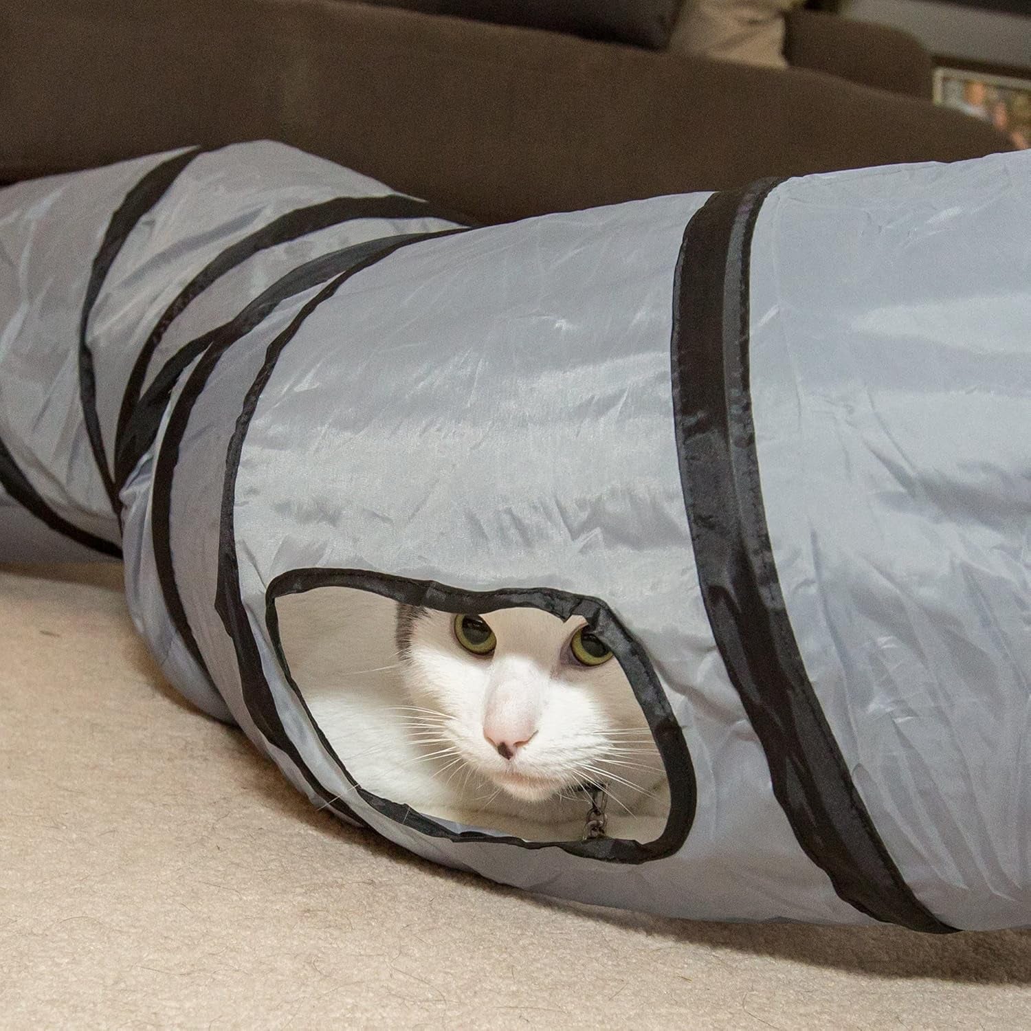 S Way Collapsible Cat Tunnel with Ball - Grey Pet Play Tube and Hideaway