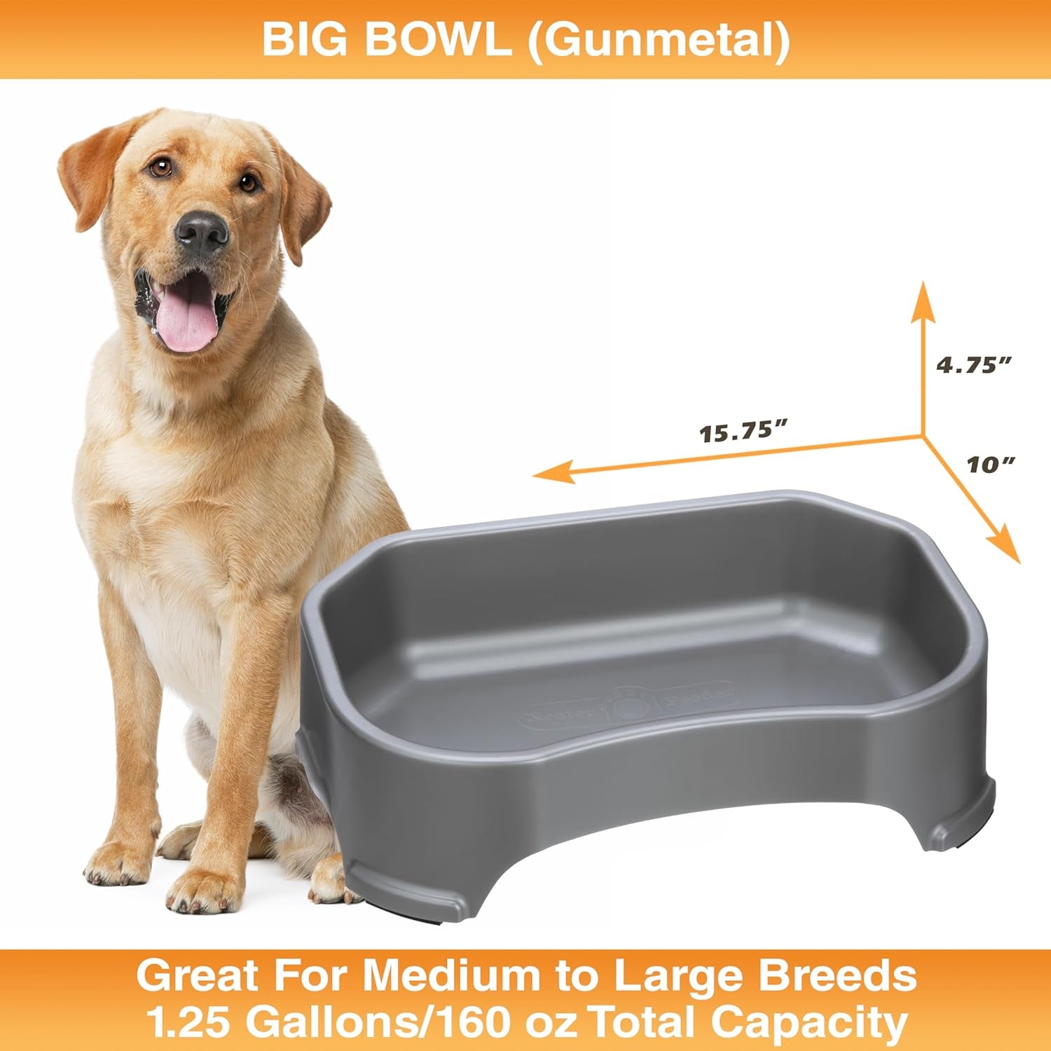 Extra Large Outdoor Dog Water Bowl - 1.25 Gallon Capacity, Spill-Proof Trough Style Dish for Indoor and Outdoor Use, Gunmetal Grey