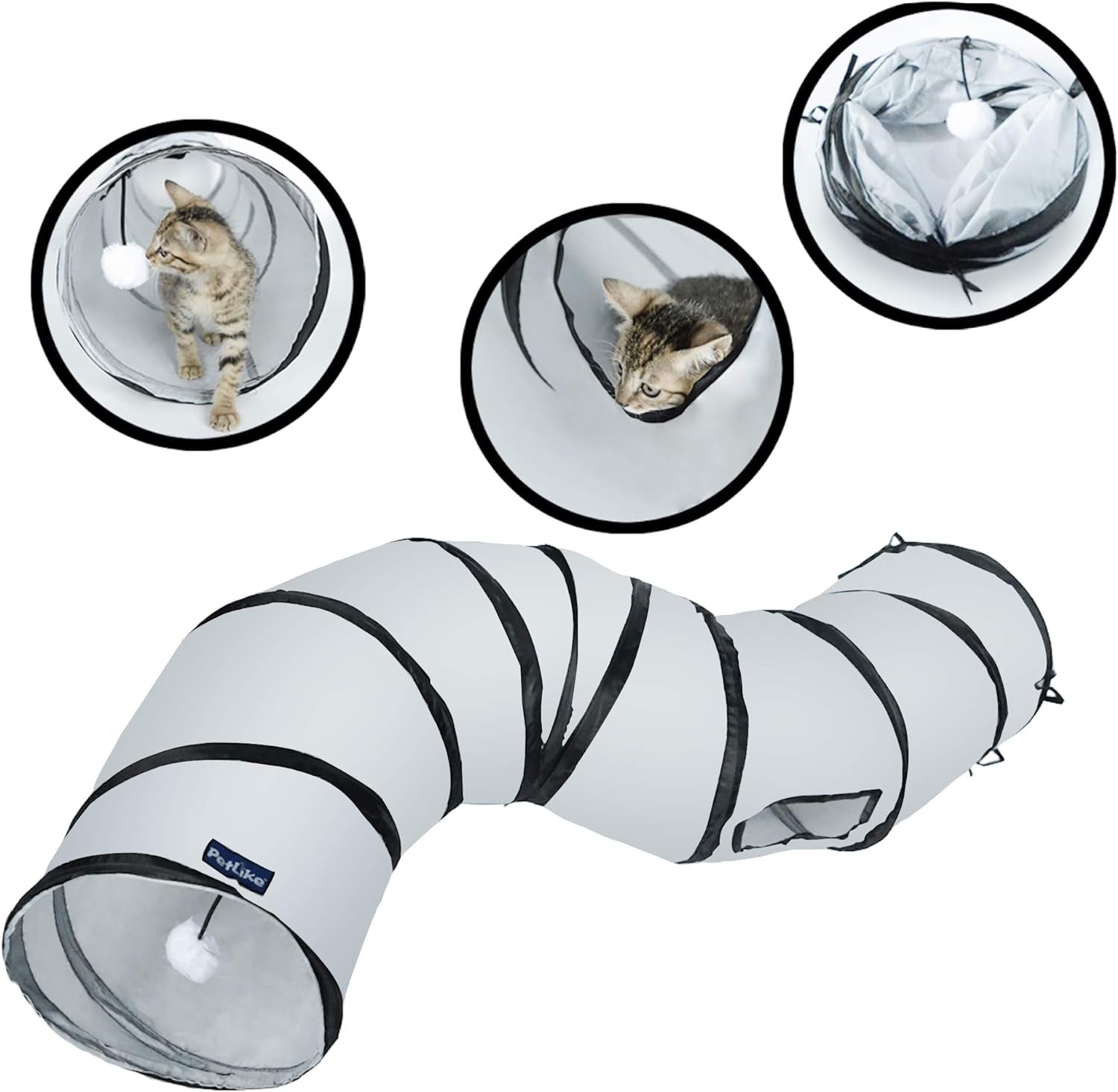 S Way Collapsible Cat Tunnel with Ball - Grey Pet Play Tube and Hideaway