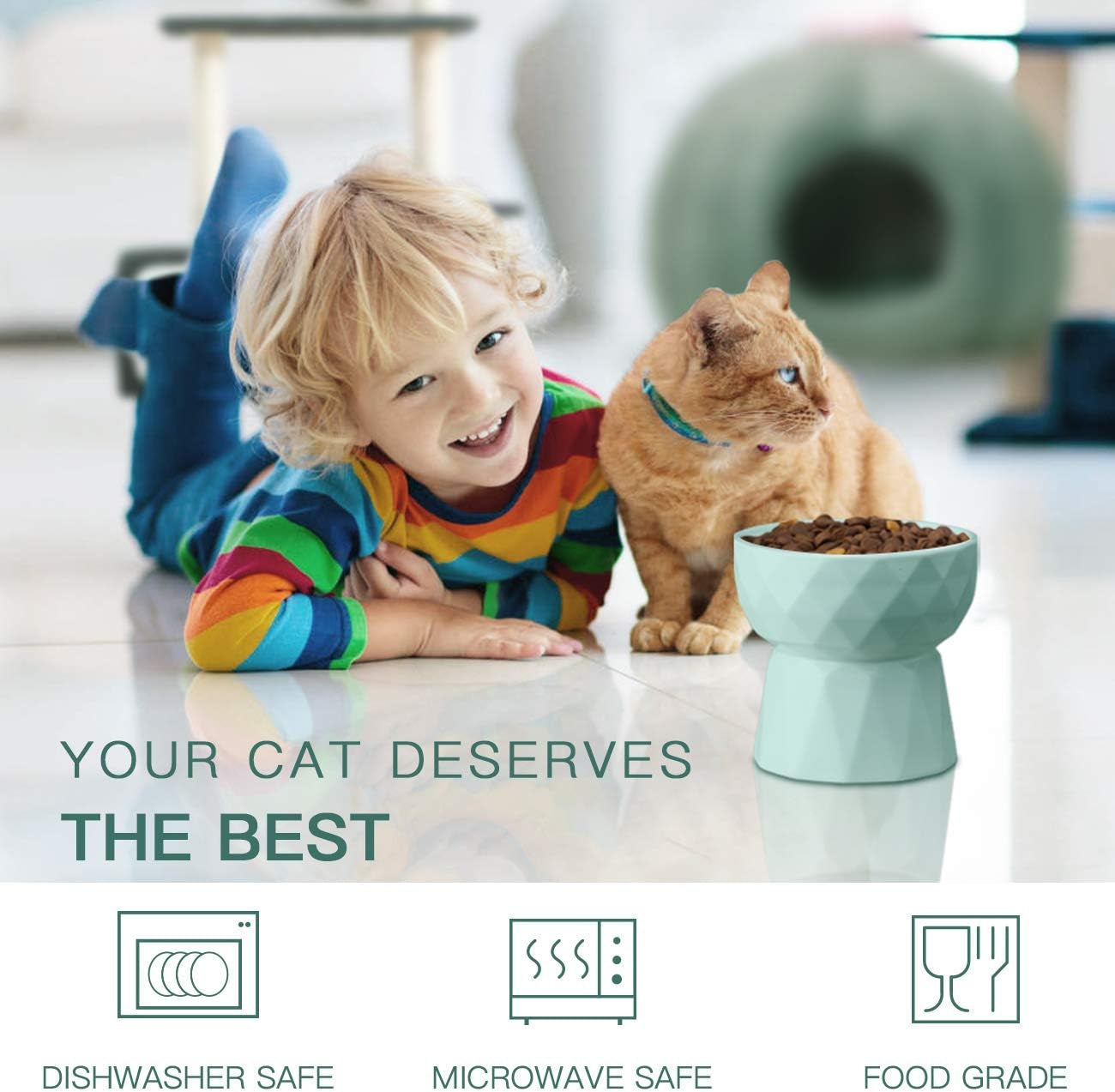Ceramic Raised Cat and Small Dog Bowls Set for Anti-Vomiting, 13.5 Oz Capacity, Green