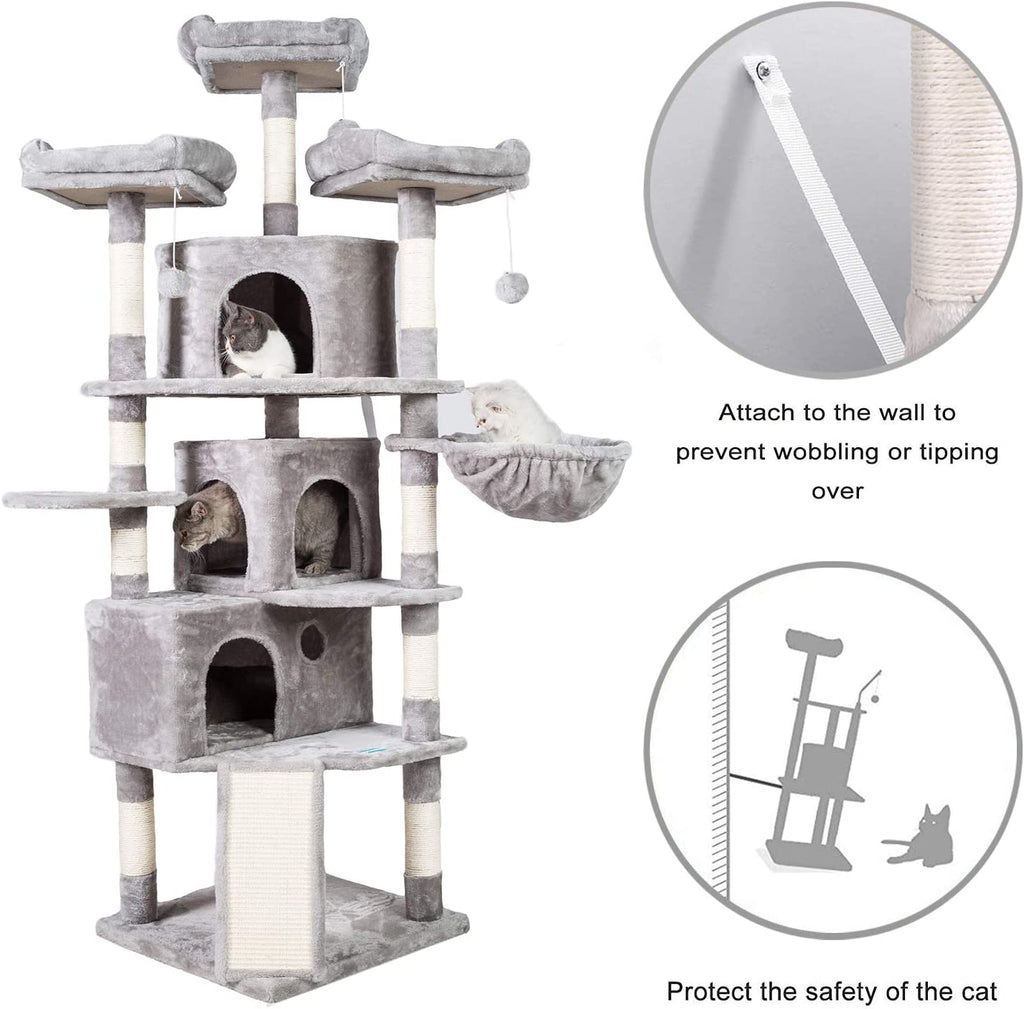 Extra Large Cat Tree, 73.4-Inch Activity Center with Three Caves, Three Cozy Perches, Scratching Posts, and Stability for Kittens and Large Cats, Light Gray MPJ032W