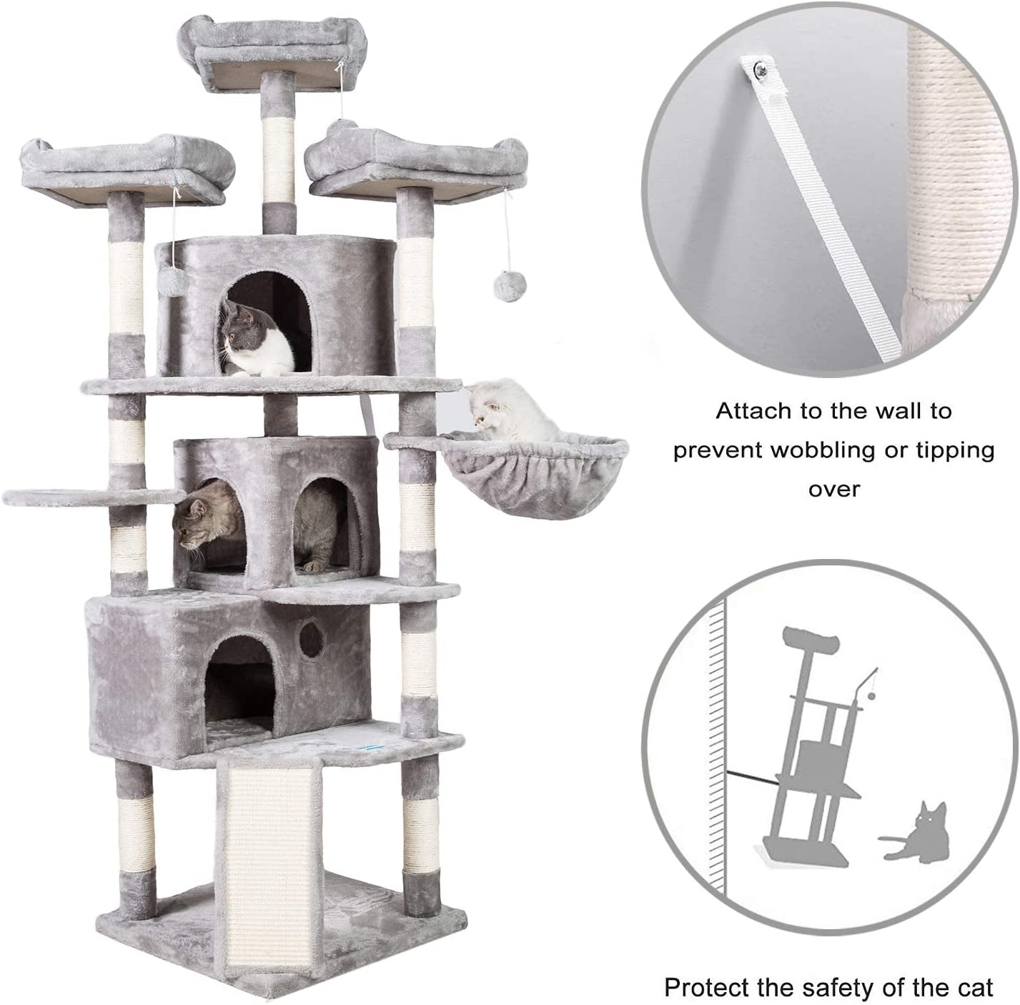 Extra Large Cat Tree, 73.4-Inch Activity Center with Three Caves, Three Cozy Perches, Scratching Posts, and Stability for Kittens and Large Cats, Light Gray MPJ032W