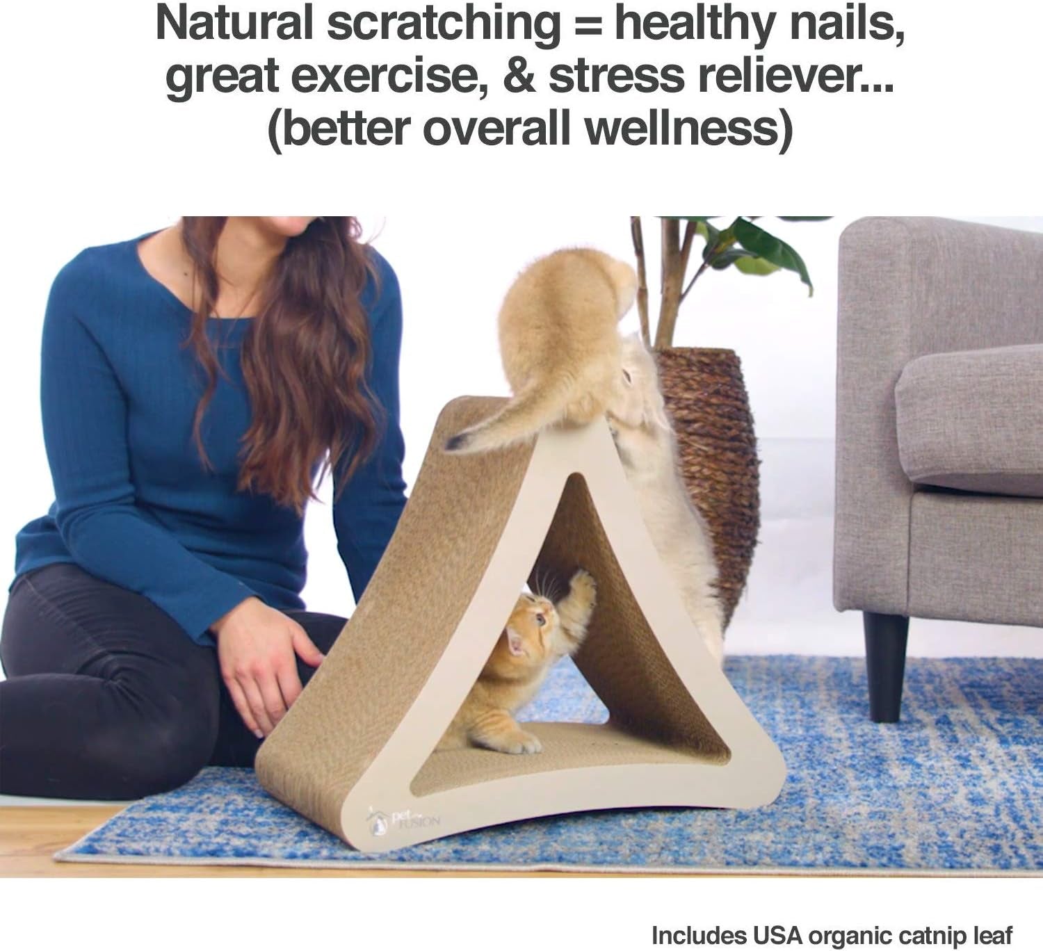 3-Sided Vertical Cat Scratching Post and Lounge, 18" x 10.5" x 15.9", Multi-Angle Scratching Pad with 6 Usable Sides, Made from 100% Recyclable Cardboard