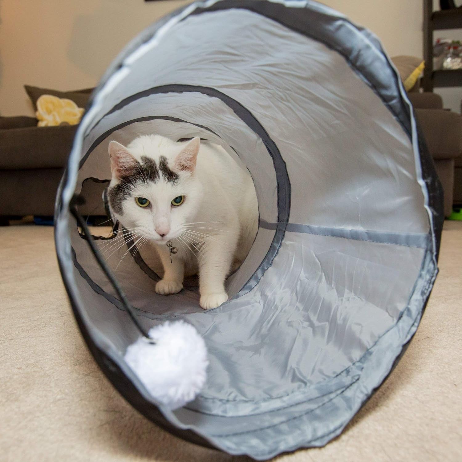 S Way Collapsible Cat Tunnel with Ball - Grey Pet Play Tube and Hideaway