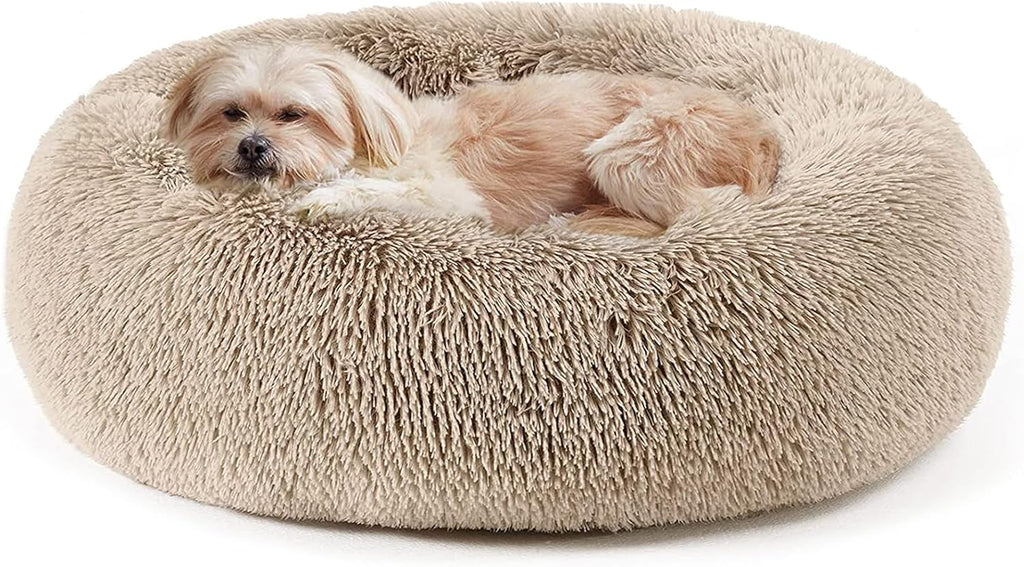 Calming Donut Cuddler Bed for Dogs and Cats, Anti-Anxiety Plush Faux Fur Cushion for Small to Medium Pets (20"/24"/27"/30")