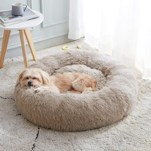 Calming Donut Cuddler Bed for Dogs and Cats, Anti-Anxiety Plush Faux Fur Cushion for Small to Medium Pets (20"/24"/27"/30")