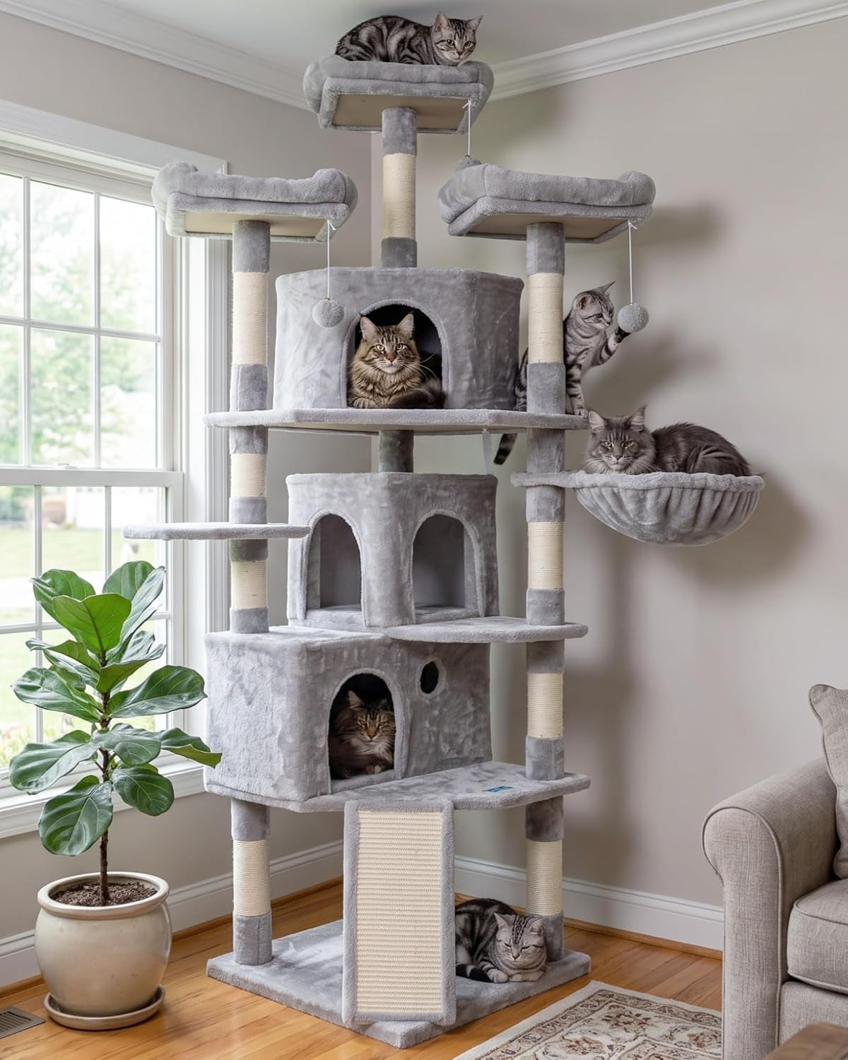 Extra Large Cat Tree, 73.4-Inch Activity Center with Three Caves, Three Cozy Perches, Scratching Posts, and Stability for Kittens and Large Cats, Light Gray MPJ032W