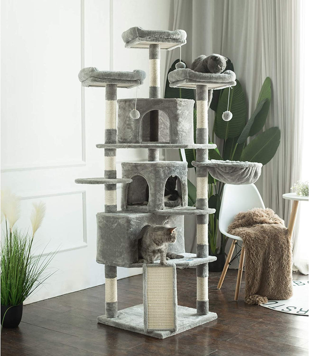 Extra Large Cat Tree, 73.4-Inch Activity Center with Three Caves, Three Cozy Perches, Scratching Posts, and Stability for Kittens and Large Cats, Light Gray MPJ032W